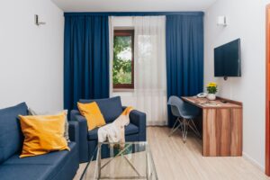 nowoczesny salon z granatowymi akcentami