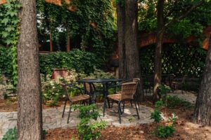 stolik z krzesłami w ogrodzie